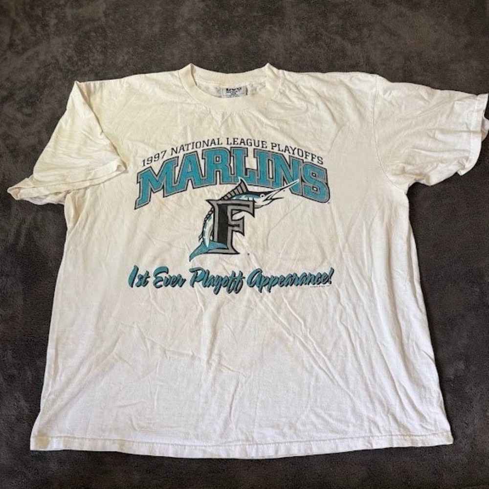 Vintage 1997 Florida Marlins Lee Sport Playoff T-Shirt XL White MLB Nutmeg
